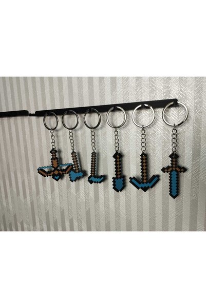 3D Layshop Set of 6 Pixel Design Diamond Weapon Keychains - Block Game Themed Gamer Bag Ornament
