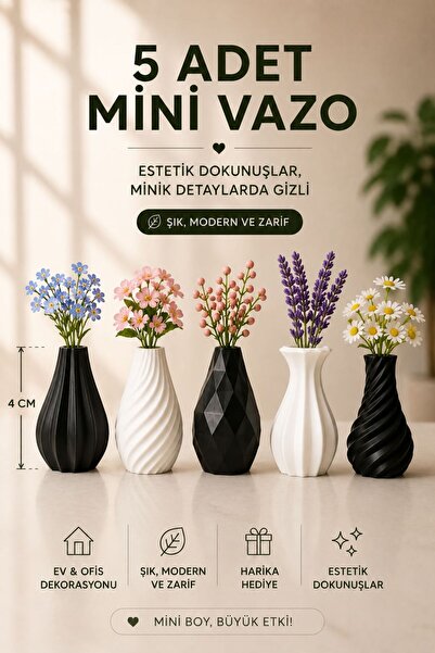 HEDİYEVİM 5'Lİ Dekoratif Mini Vazo Seti - Estetik Dekor Vazolar - ÇİÇEKSİZ + 4CM
