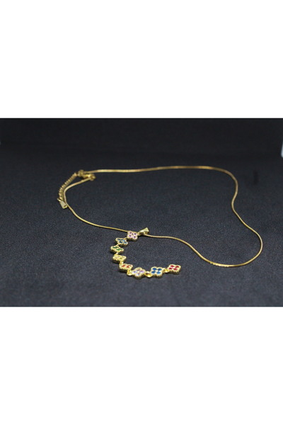 Renkli Taş Dizilimli Gold Kolye