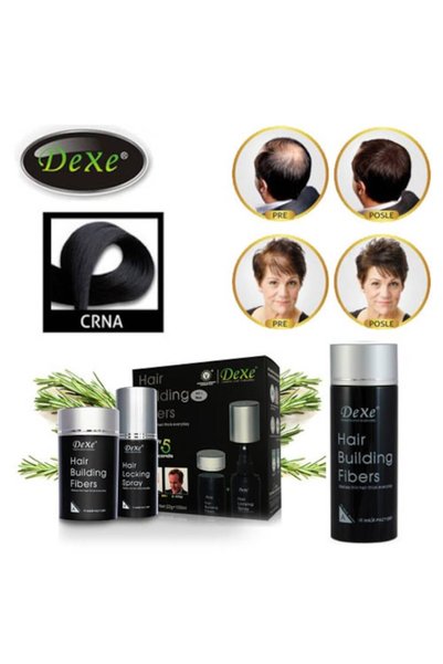 Dexe Set Negru, Fibre pentru construcție păr, Fibre negre de 22g + Spray de 100ml + Oglindă + Protecție pentru umeri