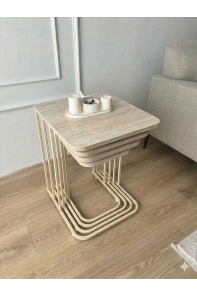 home plus mobilya 4'lü Tekerlekli Zigon Sehpa Krem Ayak Traverten 18 mm Sunta