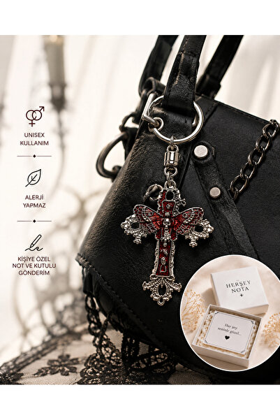 HER ŞEY NOTA www.herseynota.com Gothic Cross Keychain with Red Butterfly Deta...