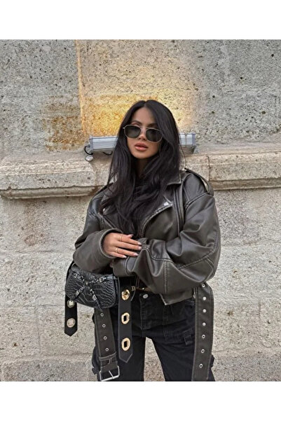 Ekim Store Jachetă din piele oversize kaki cu curea cu ochiuri metalice