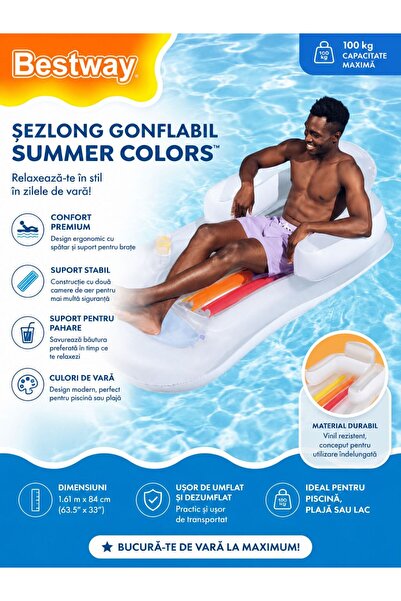 BESTWAY Șezlong gonflabil Summer Colors pentru piscină și plajă, 161 x 84 cm