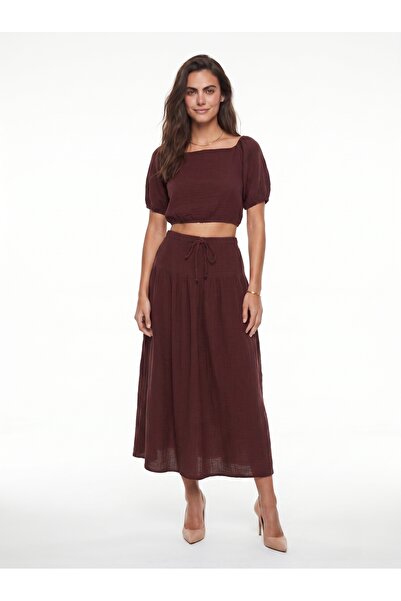 ONLOOX Plum Cotton Muslin Square Collar Balloon Sleeve Crop Blouse Tie Detail...