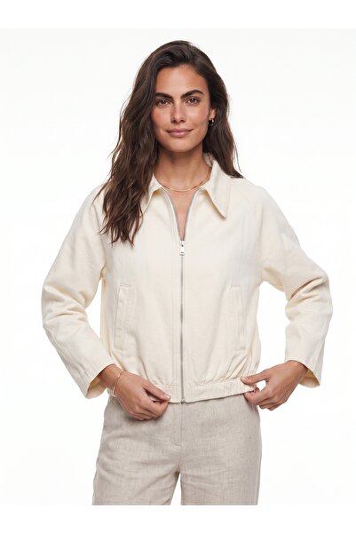 ONLOOX Cream Cotton Classic Collar Comfortable Fit Zipper Detailed Side Pocke...