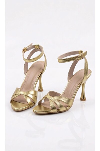 guijarro Premium Design Women's Gold 9 cm Heeled Cross Strap Sandals - Weddin...