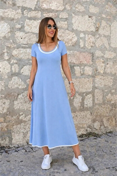 USLUCAN ALIŞVERİŞ Women's Short Sleeve Round Neck Colorful Collar Midi Viscos...