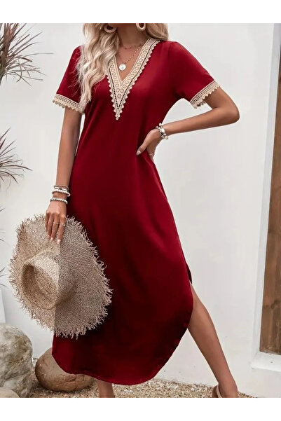 USLUCAN ALIŞVERİŞ Women's Short Sleeve Lace V Neck Long Viscose Dress
