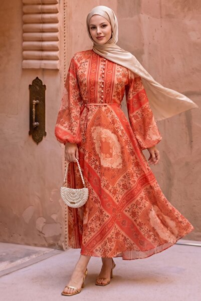 InStyle Button Detail Authentic Orange Dress