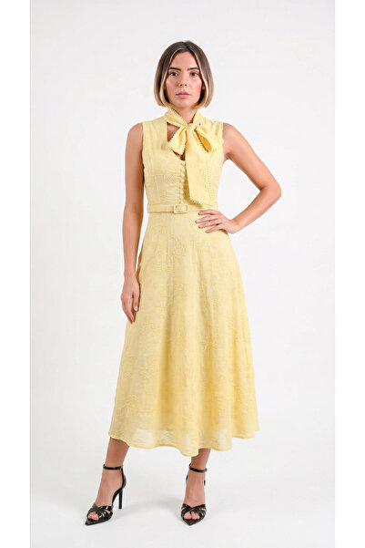 Caddebostan Moda Embroidered, Belted, Halter Neck, Sleeveless, Summer Midi Dress