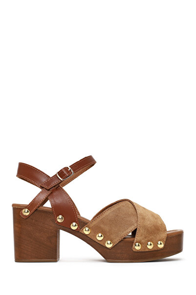 Derimod Women's Tan Buckle Platform Thick Heeled Suede Leather Sandals 26Sfd1...