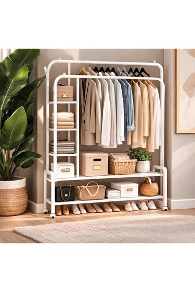 laverahome علاقة ملابس 2 دور - بأرجل مع 2 رف - مع أرفف جانبية - أبيض