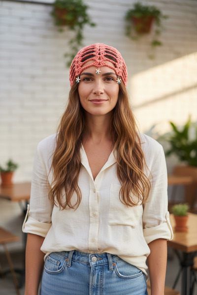 satürn hobi örgü tasarım Knitted Bohemian Starfish Detailed Mesh Bandana, Beanie, Hat