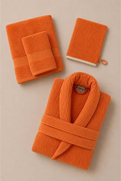 Ellaline Eldy Striped Bathrobe Set, 4 Pieces, 100% Cotton Certified Şalyaka B...
