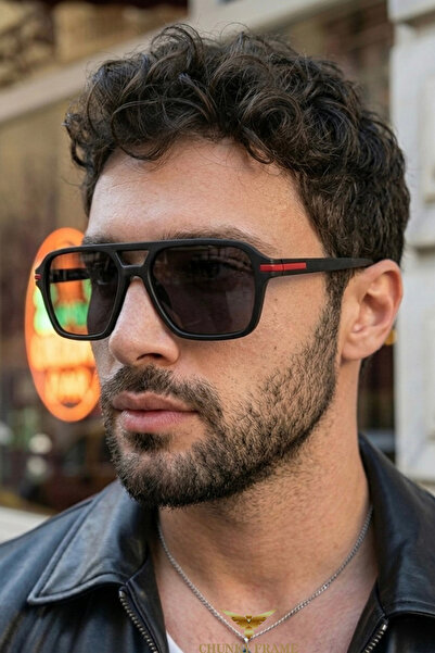 Chunky Frame Shadow Men's Black Red Detailed Rectangular Ultra Light Uv400 Fi...