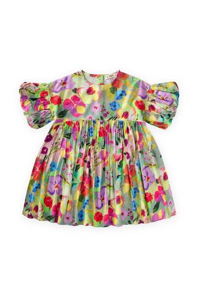 Cigit Rochie din viscoza cu maneca balon, verde, pentru 2-10 ani