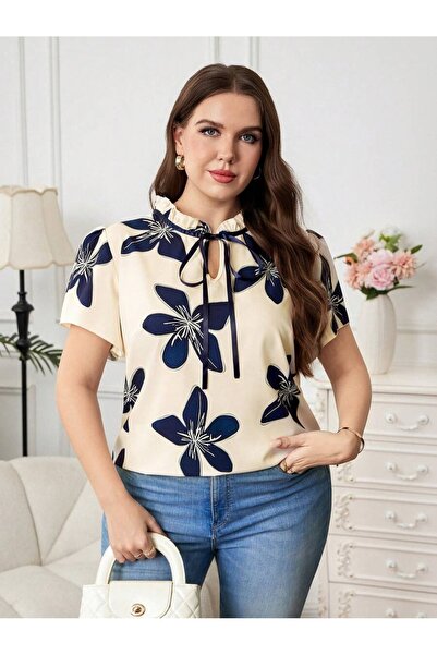 Iuliashop Bluză de damă Aveiro bej cu flori bleumarin - Mărimi mari - 44