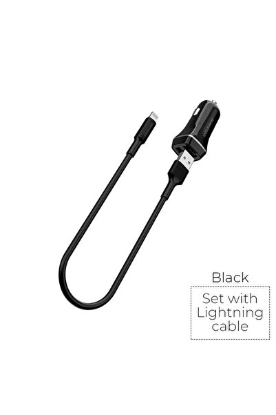 Borofone Încărcător auto cu 2 porturi USB și cablu Lightning inclus, negru