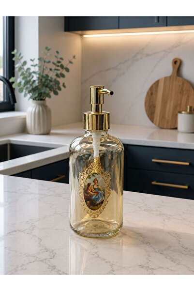 LEYA HOME Vintage Desenli Gold Pompalı Cam Sabunluk - 1 Adet
