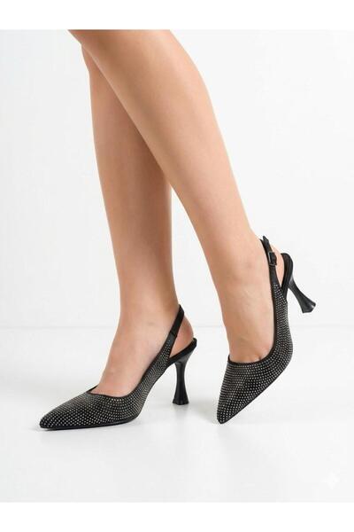 Lütfi Women's Satin Point Stoned Black Evening Dress Open Back Shoes