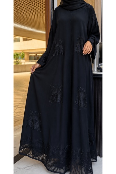 NOUR Korean Chiffon Fabric Abaya on Double Herry Crystal with Scarf