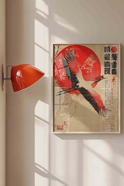 Buka Shops Japandi Style Flying Crane Bird and Red Sun - White Framed Painting