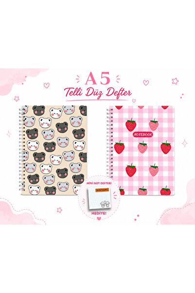 TOMBİ-X A5 Spiralli DÜZ Okul Defter Seti - 2'li karışık Desenli 60 Yaprak Kar...