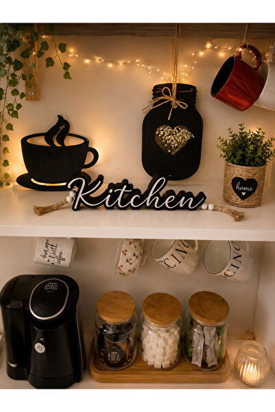 ecrella Kitchen Yazılı Ahşap Mutfak Dekoru | Kahve Köşesi Raf Süsü Modern Rus...
