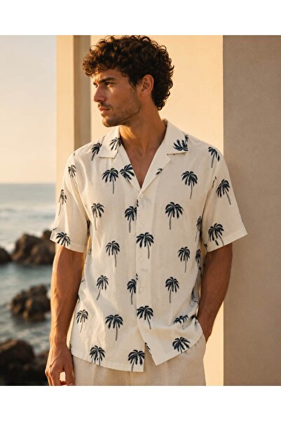 CANMODA Men's Ecru Palm Tree Patterned Linen-Look Short Sleeve Summer Shirt –...