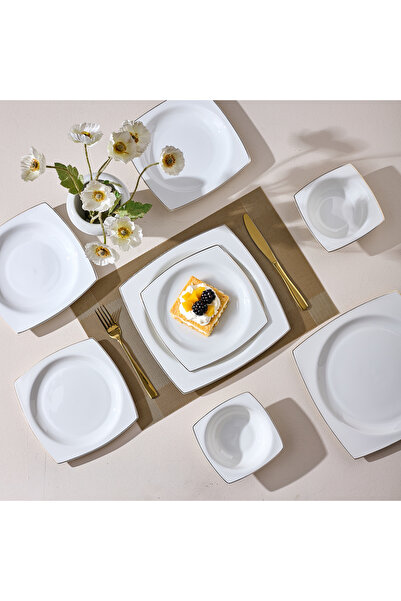 Malooki Quadro 24-piece porcelain dinner set, white with gold trim, square de...