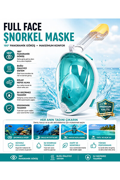 Janissary XL / LFull Face Şnorkel Maske Turkuaz Tam Yüz Dalış Maskesi 180° Pa...