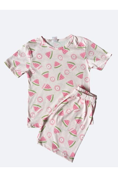 mışıl mışıl kids Girl's Watermelon Patterned Summer Cotton Pajama Set with Shorts