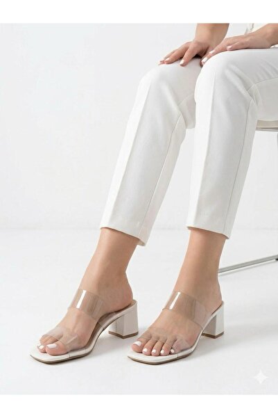 Lütfi Women's White Transparent Banded Heeled Slippers