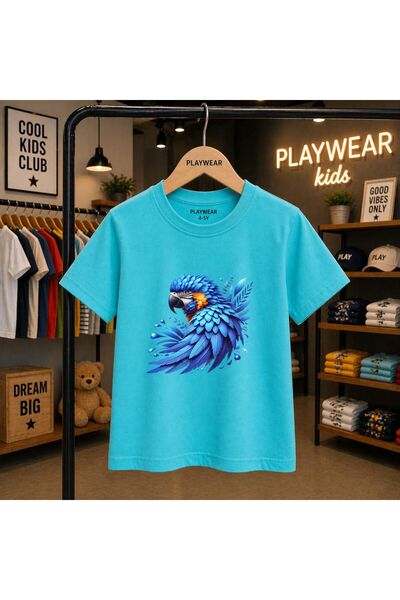 playwear Blue Parrot Printed 100% Kids Unisex T-Shirt 5 6 -7 8-9 10 -11 12 Ye...