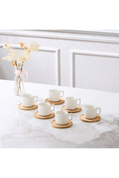 Malooki Set of 6 Block porcelain espresso cups with Bamboo saucers, 90ml, white