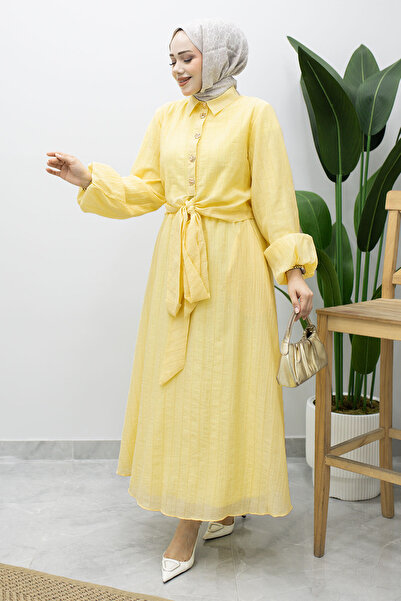 Tesettür Dünyası Balloon Sleeve Tie Detail Skirt Suit Tsd260226 Yellow