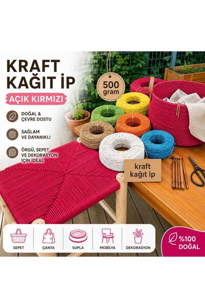 Mady Aksesuar Kraft İp, Açık Kırmızı Renk, Çanta Sepet Örgü ipi, 3mm 500 gram