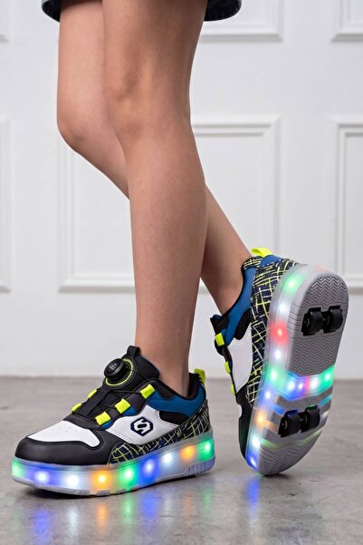 NAVİSHOES Siyah Çocuk Tekerlekli Işıklı Otomatik Bağcıklı Spor Ayakkabı | Pat...