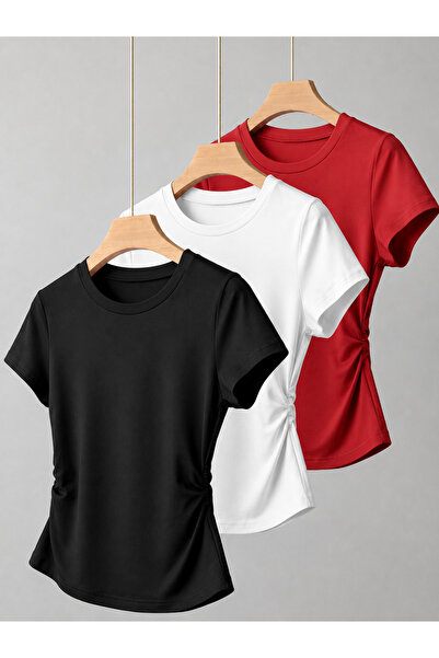 CLAYES Women's Black White Red Basic T-Shirt Cotton Lycra Single Jersey Fabri...