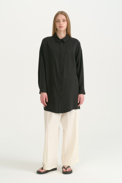 Nihan Oversize Lyocell Tunic with Contrast Stitching Detail - Black