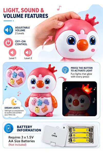 DAT Baby Music Player Piano Toy Penguin with Night Light, Battery Operated Intellectual Learning Toy