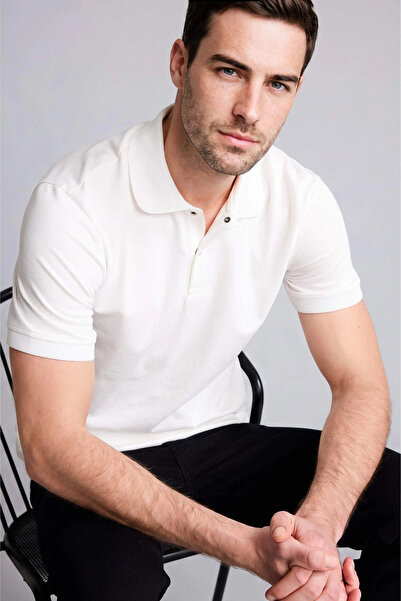 DeFacto T5259Azwt32 White Slim Fit Polo Collar Pique Short Sleeve Polo T-Shirt