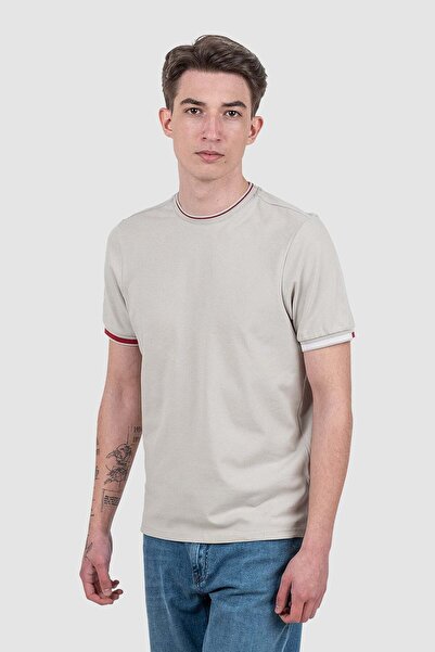 Bakers Tricou slim fit pentru bărbați, din bumbac elastic, crem, cu tiv contrastant - 2XL