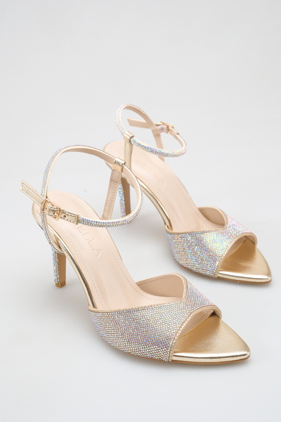 Rella Gold Stone Thin Strap Evening Dress Heeled Shoes Wedding Engagement Par...