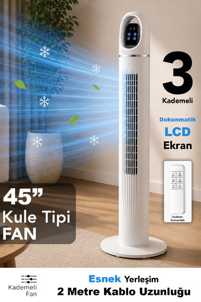 mimtec Kule Tipi Fan - Dokunmatik LCD Ekran 3 Kademeli Uzaktan Kumandalı Fan