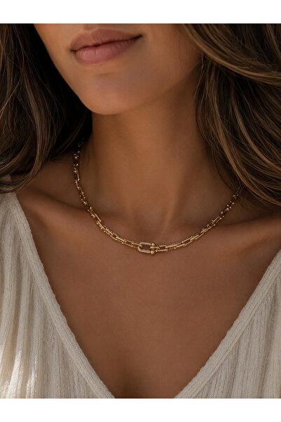 Melika Collection Gold Renk Geometrik Zincir Model Kilit Detaylı Kadın Kolye ...