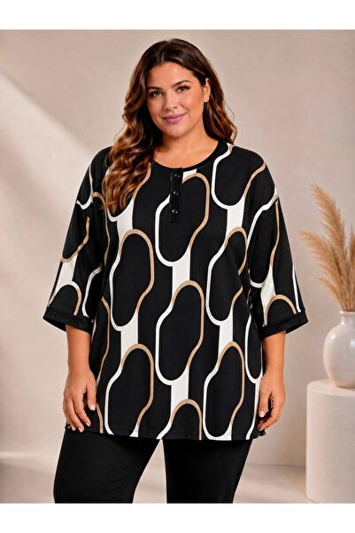 garajmood Black Patterned Standard Size 50,52,54,56,58 Plus Size Blouse