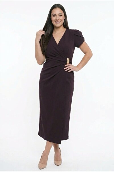 By Saygı Women's Double Breasted Collar Waist Buckle Plus Size Long Crepe Dress