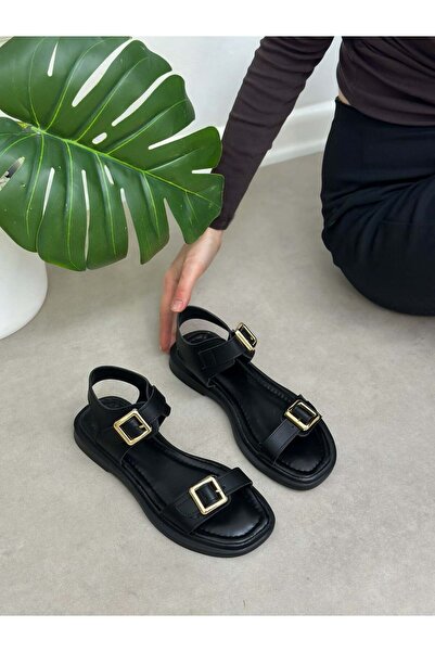 ERVANIN BUTİĞİ Black Leather (Ossey) Double Buckle Gold Detail Women's Sandals